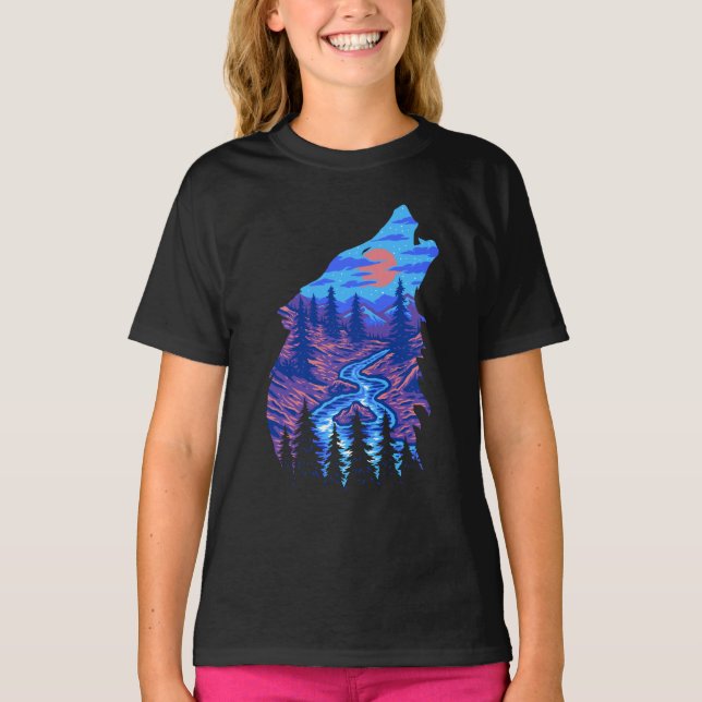 Varg som ylar siluett Skogsflodslandskap T Shirt (Framsida)