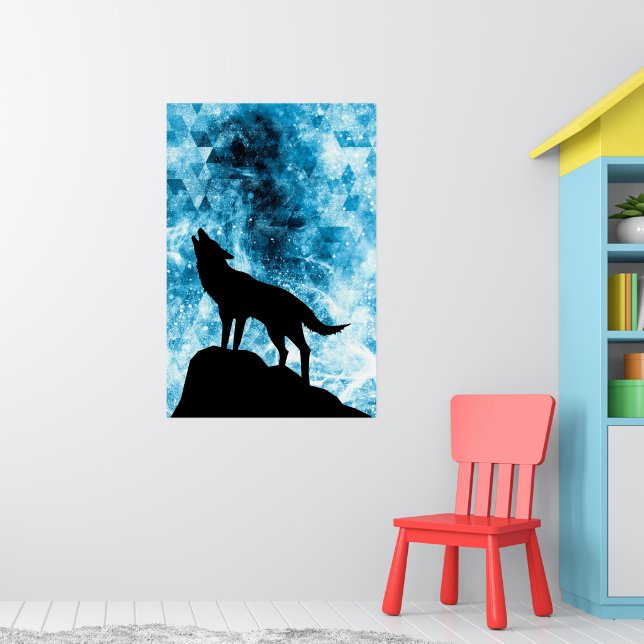 Varg som ylar Vinter snöig blå rök Abstrakt Poster (Barnkammare 1)