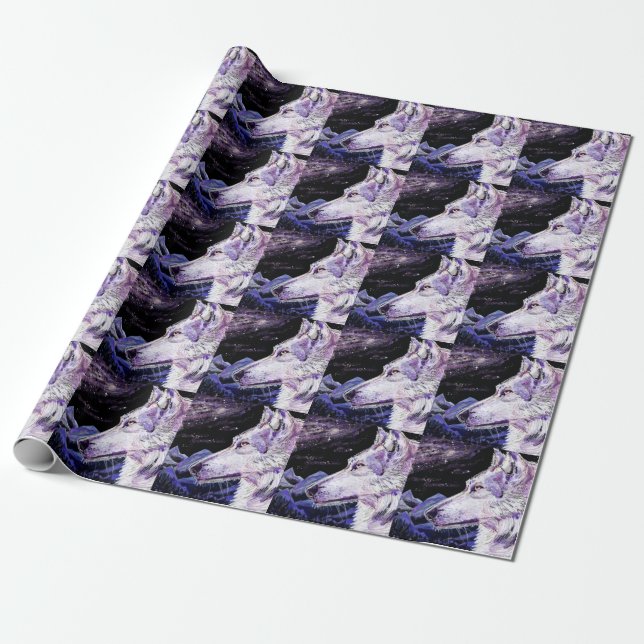 Varg Space Mountains Forest Painting Presentpapper (Utrullad)