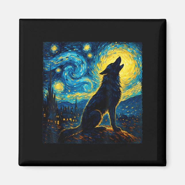 Varg Starry Night Howling Måne Funny För manar kvi Magnet (Framsidan)