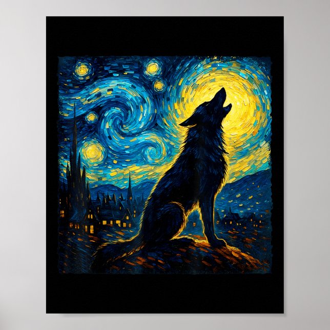 Varg Starry Night Howling Måne Funny För manar kvi Poster (Framsidan)