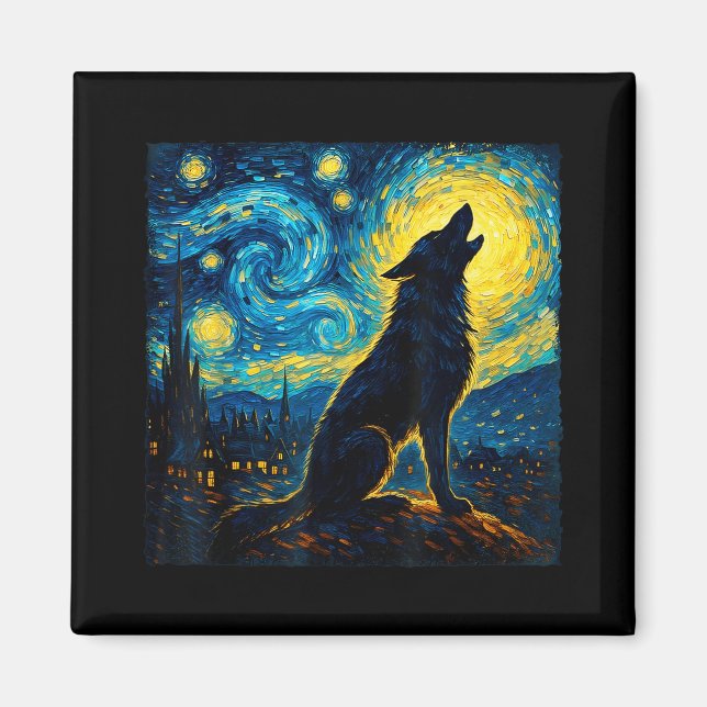Varg Starry Night Howling Måne Funny Gifts För man Magnet (Framsidan)