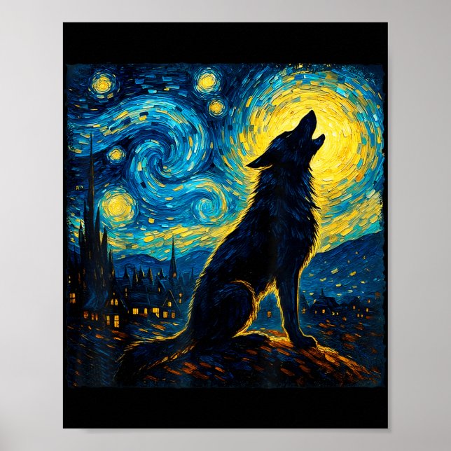 Varg Starry Night Howling Måne Funny Gifts För man Poster (Framsidan)