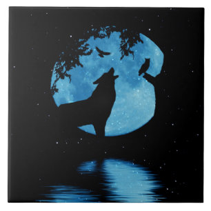 Varg Uggla Raven och Full Moon Art Kakelplatta