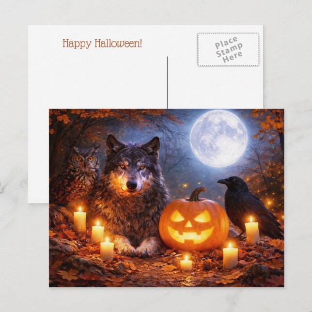 Varg Ugglor Korp Glad Halloween  Helg Vykort (Fram/baksida)