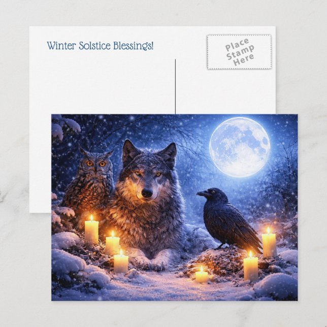 Varg Ugglor Korp Vintersolstånd Yule  Helg Vykort (Fram/baksida)