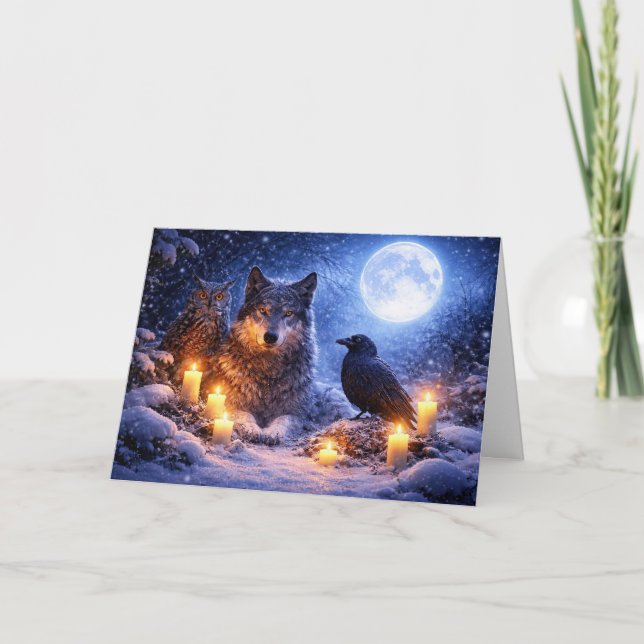 Varg Ugglor Korp Vintersolstånd Yule med Snömåne Kort (Framsida)
