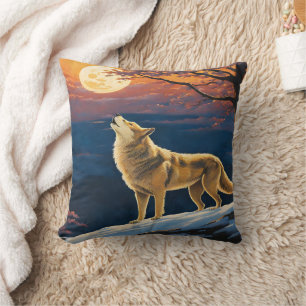 Varg under Moonlit Himmel i Dusk Kudde