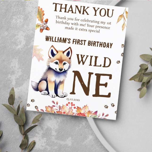 Varg unge vild ett födelsedagsfest tack för ditt k (Wild one wolf themed birthday party thank you card cute wolf puppy fall foliage thank you card)