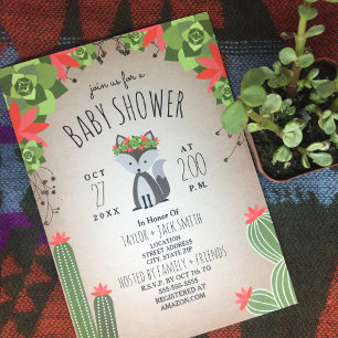 Varg Valp Blommigt Cactus Desert Girl Baby Shower Inbjudningar