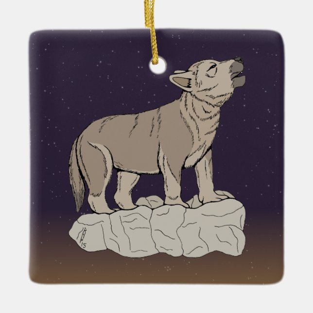 Varg Valp Howling Julgransprydnad Keramik (Framsida)