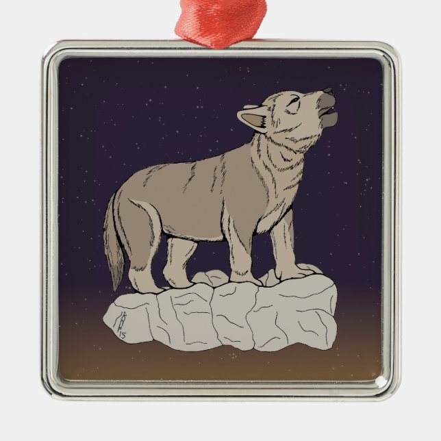 Varg Valp Howling Julgransprydnad Metall (Framsidan)