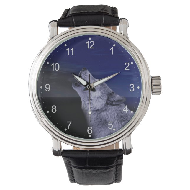 Varg vid måne i havet armbandsur (Framsida)