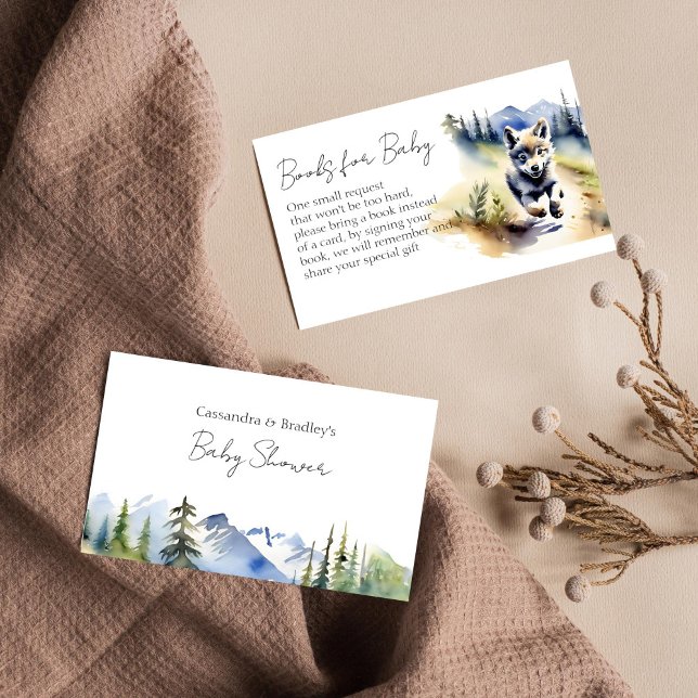 Varg vild ävententurre babydusch bokar-begäran tilläggskort (Wolf themed baby shower books for baby request card watercolor cute wolf cub national parks theme)