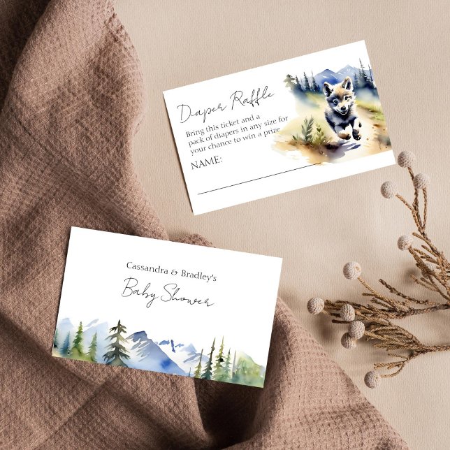 Varg vild ävententurre babyduschdiskare, raffel tilläggskort (Wolf themed baby shower diaper raffle card watercolor cute wolf cub running down the hill adventure)