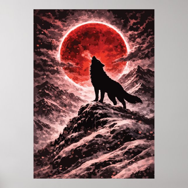 Varg ylar i rött månljus - Japansk konst Poster (Framsidan)