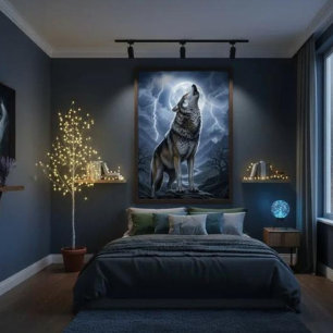 Varg ylar vid fullmåne med blixtstorm poster