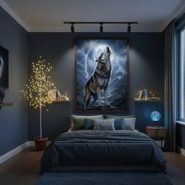 Varg ylar vid fullmåne med blixtstorm poster (Skapare uppladdad)