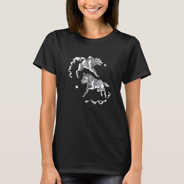 Vargar esoterisk yang yin linje moln måne sol t shirt (Framsida)