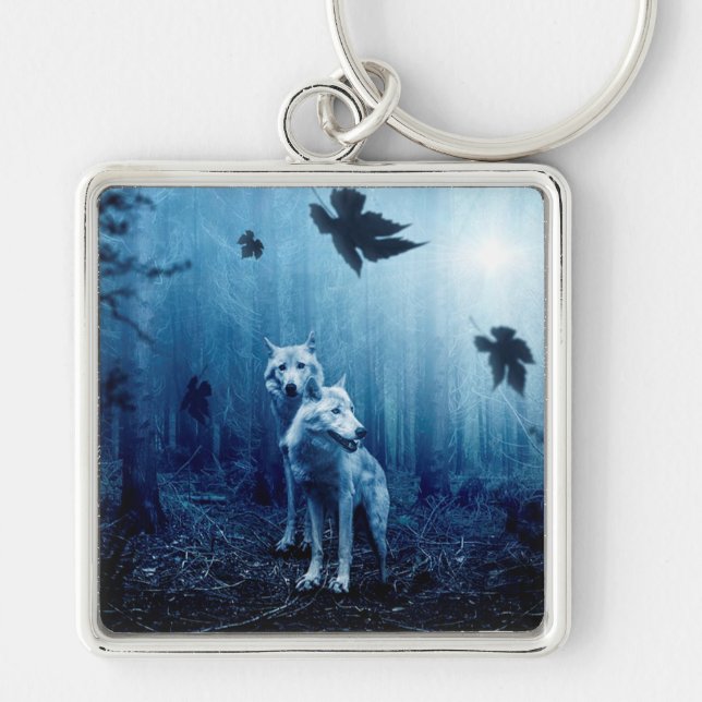 Vargar Fyrkantig Silverfärgad Nyckelring (Framsidan)