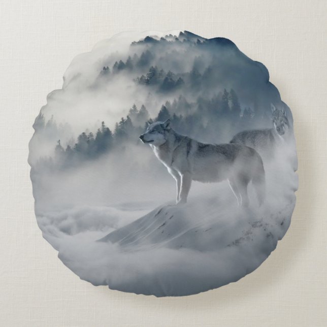 Vargar i ett vinter liggande rund kudde (Framsidan)