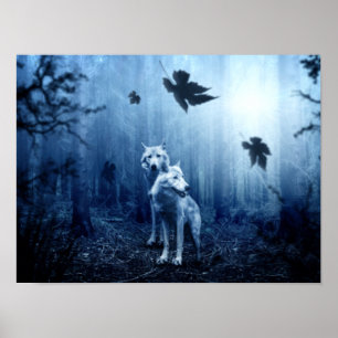 Vargar i skogen vid gryningen poster