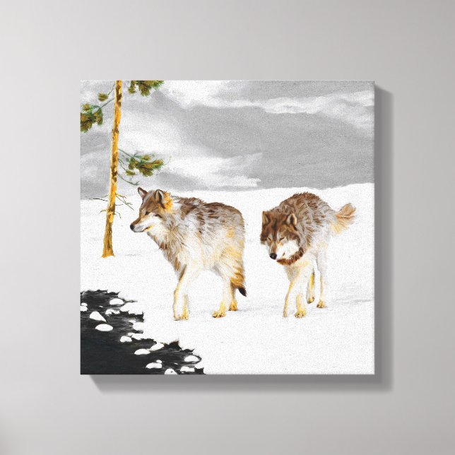 Vargar i Snö-färgning - Originalbild av vilda djur Canvastryck (Framsida)