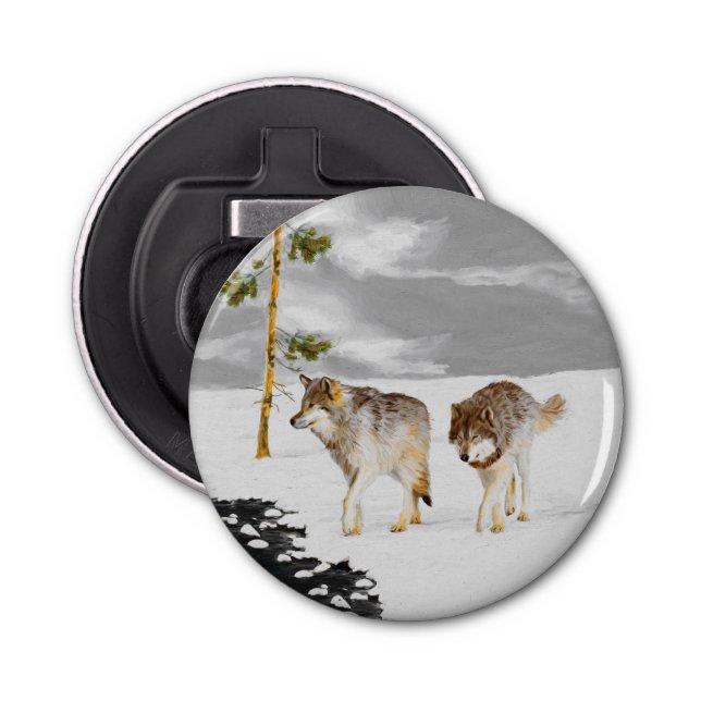 Vargar i Snö-färgning - Originalbild av vilda djur Flasköppnare (Framsidan)