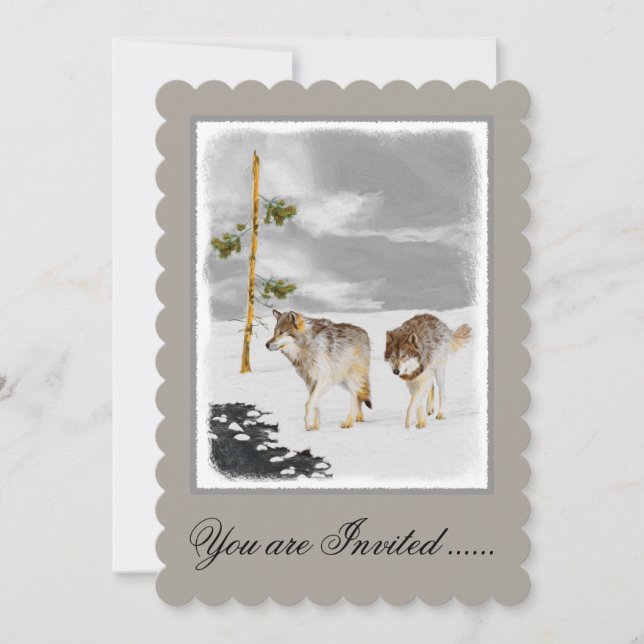 Vargar i Snö-färgning - Originalbild av vilda djur Inbjudningar (Framsida)