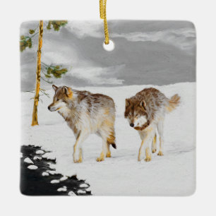 Vargar i Snö-färgning - Originalbild av vilda djur Julgransprydnad Keramik