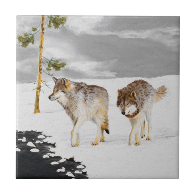 Vargar i Snö-färgning - Originalbild av vilda djur Kakelplatta (Framsidan)