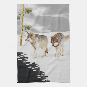 Vargar i Snö-färgning - Originalbild av vilda djur Kökshandduk