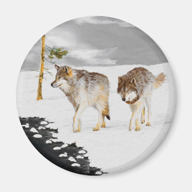 Vargar i Snö-färgning - Originalbild av vilda djur Magnet (Framsidan)