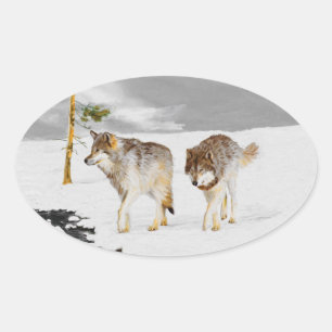 Vargar i Snö-färgning - Originalbild av vilda djur Ovalt Klistermärke