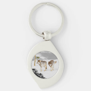 Vargar i Snö-färgning - Originalbild av vilda djur Swirl Silverfärgad Nyckelring