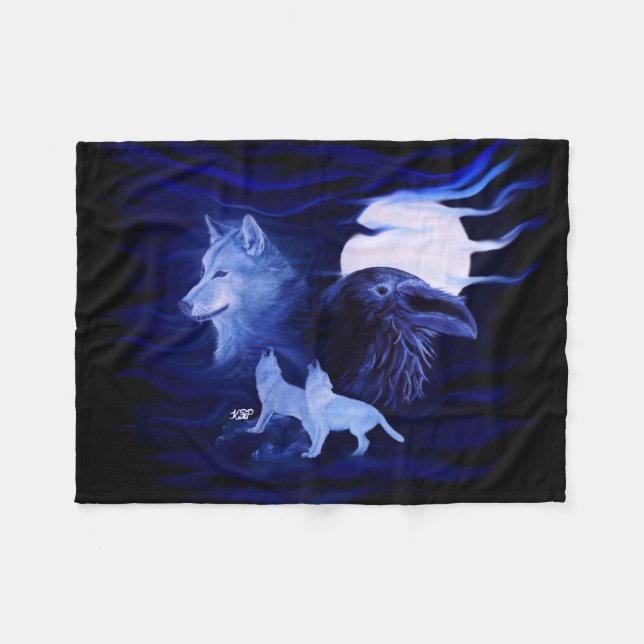 Vargar och korp med fullmåne fleecefilt (Framsidan (Horisontell))