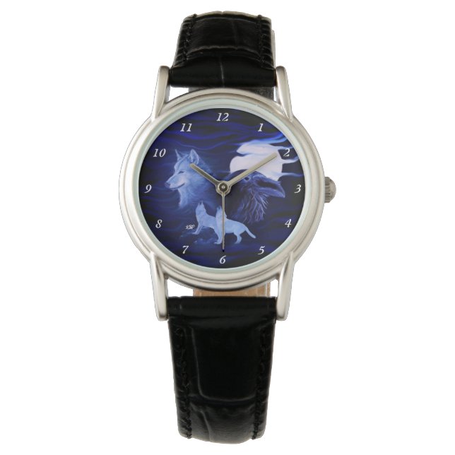 Vargar och Raven med måne Armbandsur (Framsida)