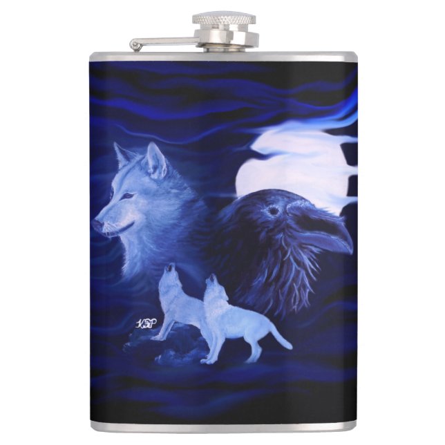 Vargar och Raven med måne Fickplunta (Framsidan)