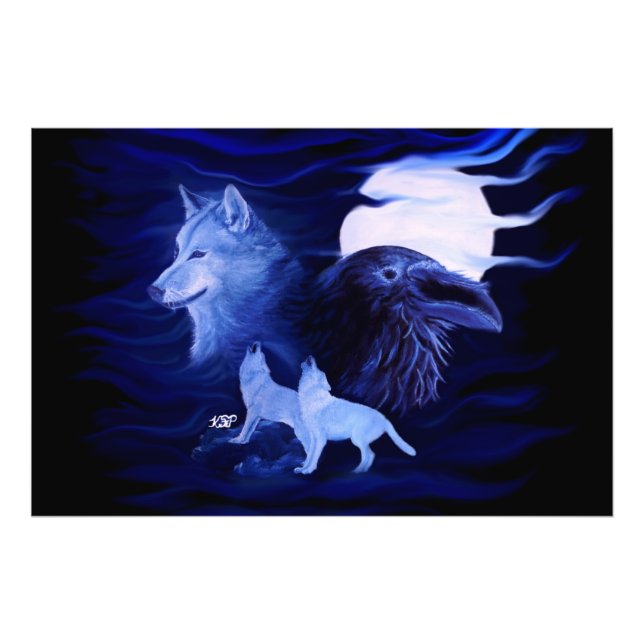 Vargar och Raven med måne Fototryck (Framsidan)