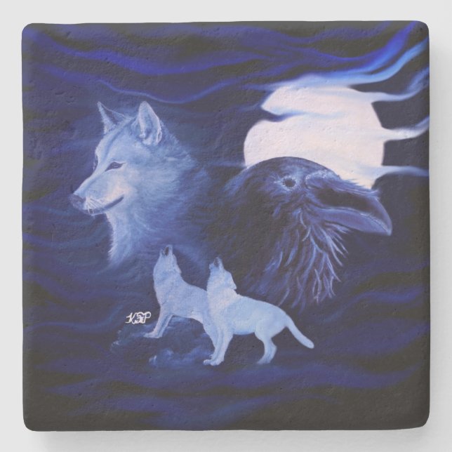Vargar och Raven med måne Stenunderlägg (Framsidan)