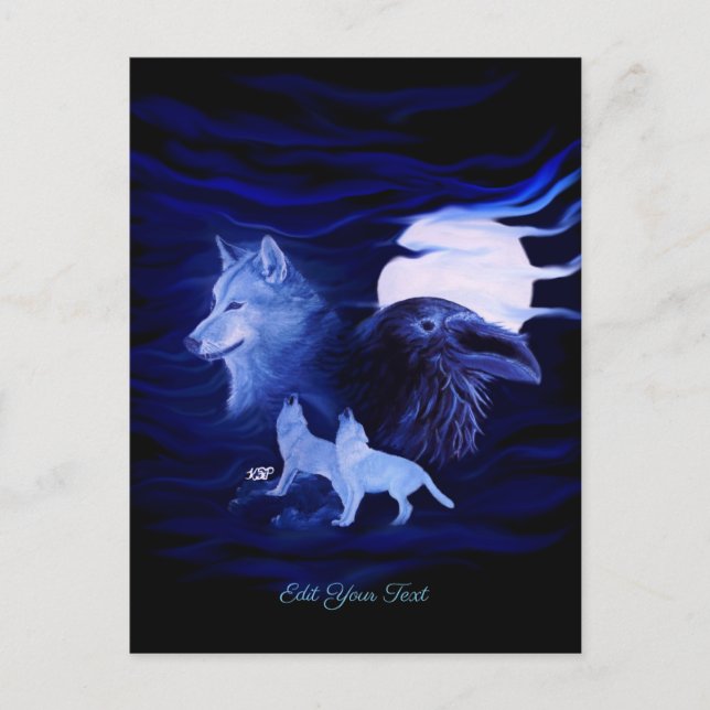 Vargar och Raven med måne Vykort (Framsida)