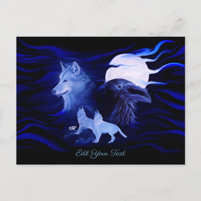 Vargar och Raven med måne Vykort (Framsida)