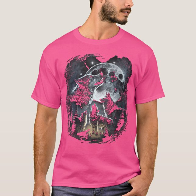 Vargar som glor vid Måne Varg Vild T Shirt (Framsida)