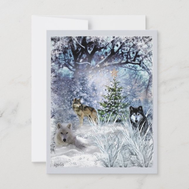 Vargar vid jul ett Vinter Wonderland Flat Card Julkort (Framsida)