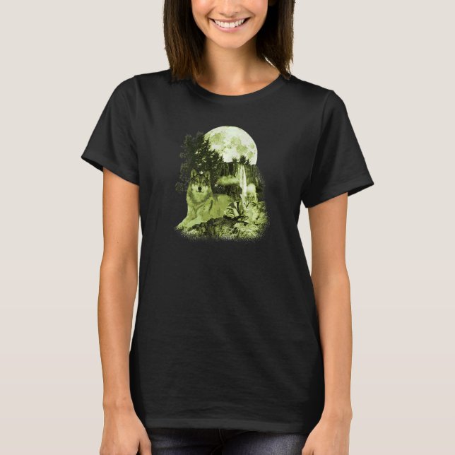 Vargar Vildlevande vattnen Måne Varg och A T Shirt (Framsida)