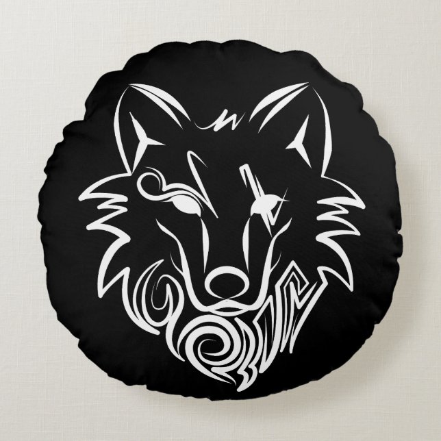 Vargen Black and White Tribal Rund Kudde (Framsidan)