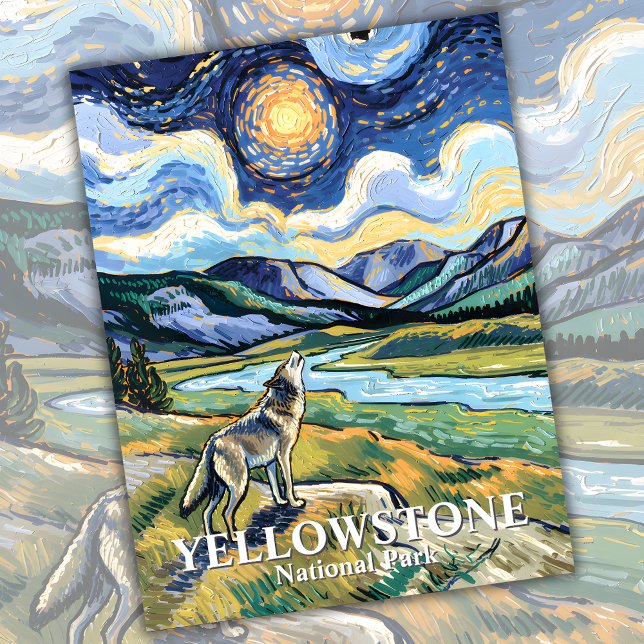 Vargen Howling i nationalparken Van Gogh Yellowsto Vykort (Van Gogh Yellowstone National Park Wolf Howling Postcard)