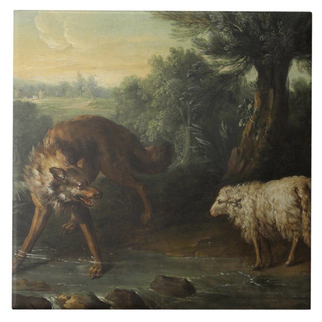 Vargen och Lamb (av Jean-Baptiste Oudry) Kakelplatta (Framsidan)