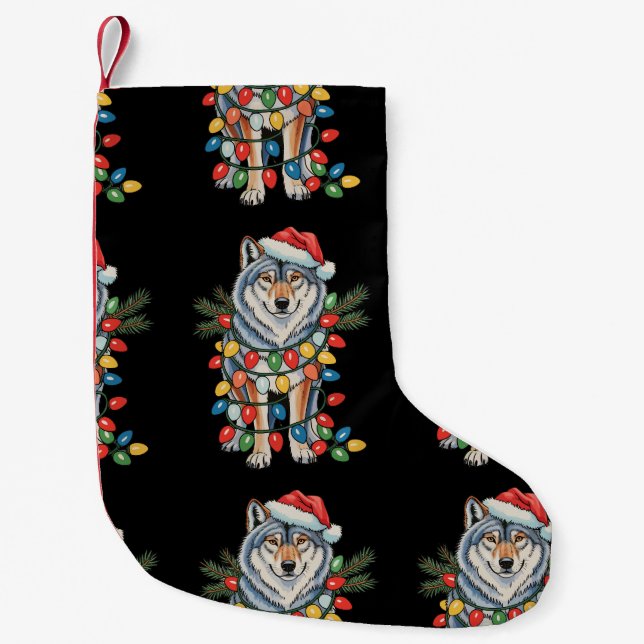 Vargen Santa Hat Julafton Ljus Djur älskare Liten Julstrumpa (Framsidan)