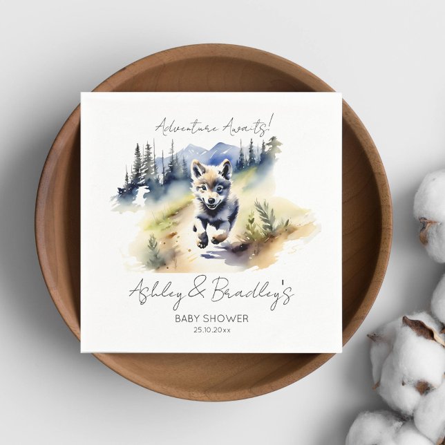 Vargen Temad äventyr väntar på babyduschbordsartik Pappersservett (Wolf themed baby shower tableware watercolor cute wolf cub adventure waits personalized napkins)